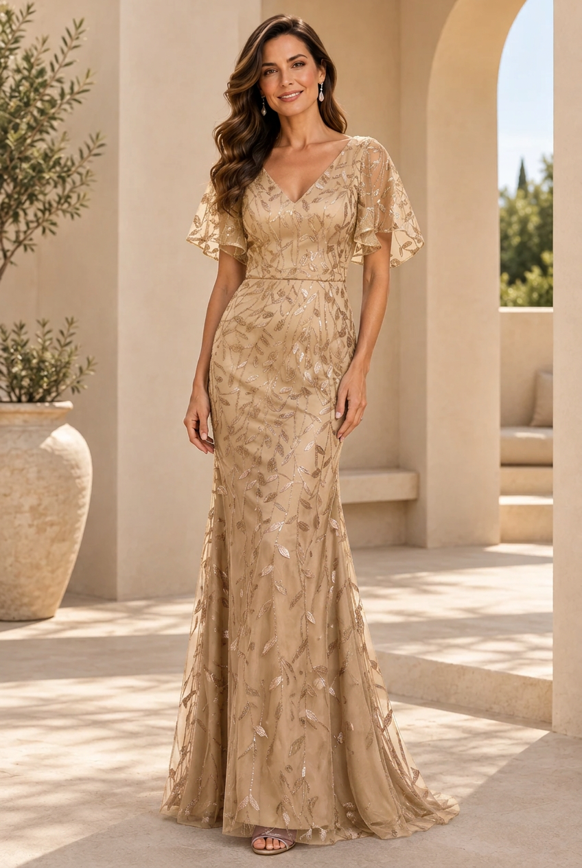 Sequin Embroidered Flutter Sleeve Evening Gown