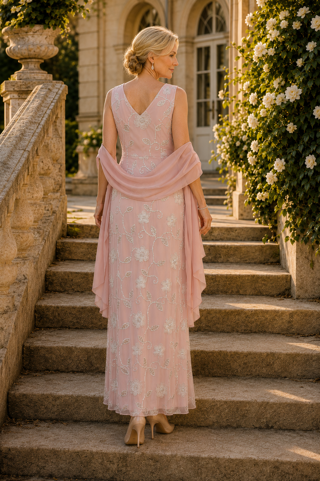 Maxivestido floral sin mangas con abalorios y chal