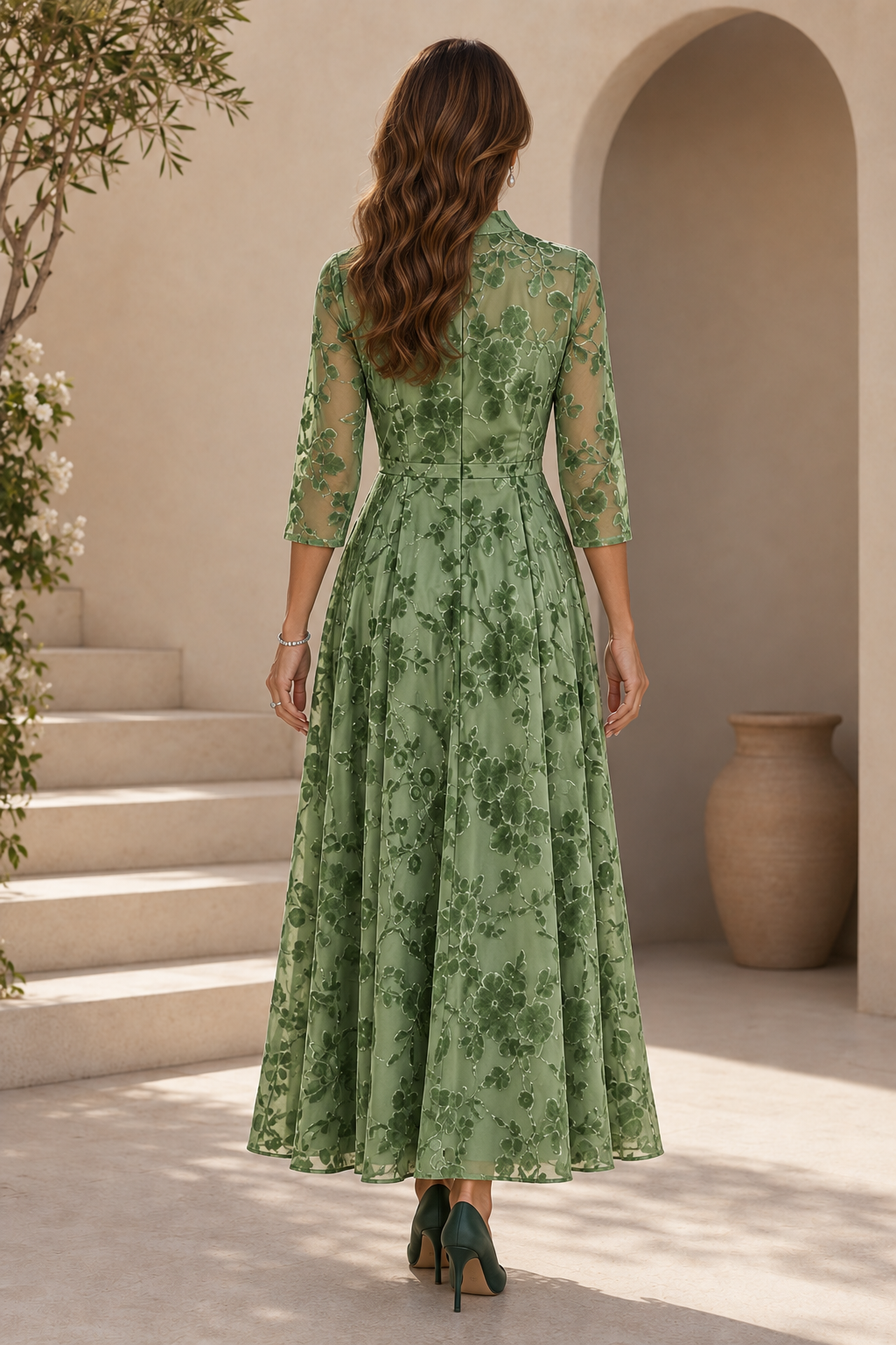 Vestido midi acampanado de terciopelo floral con manga 3/4