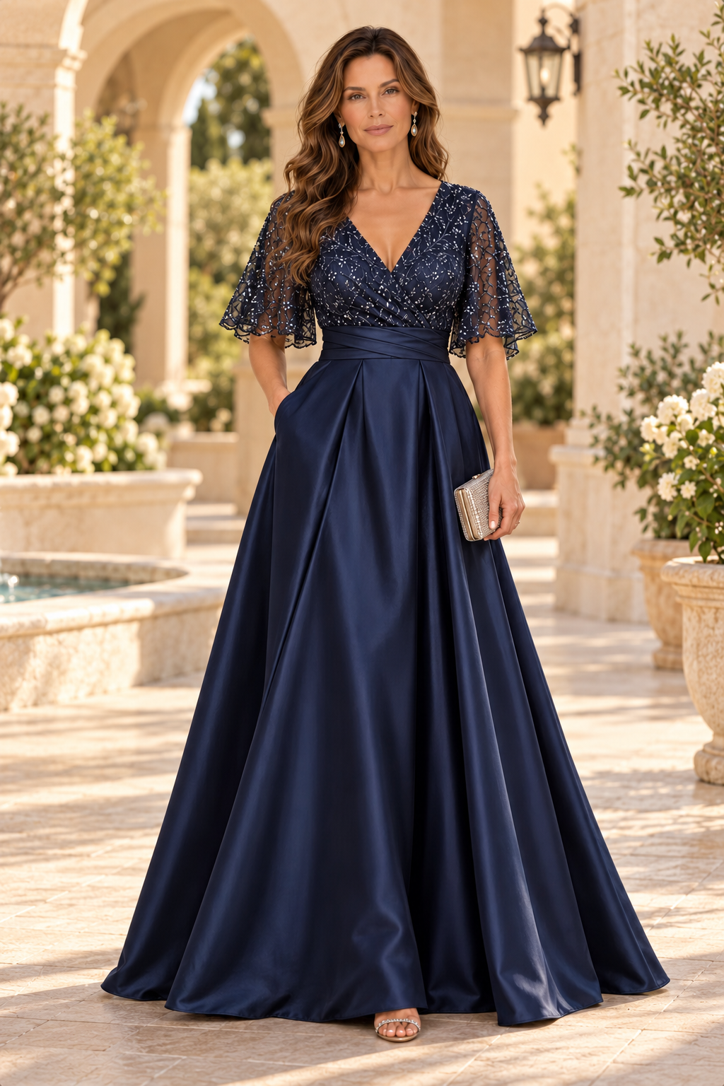 Flutter Sleeve Embellished A-Line Evening Gown
