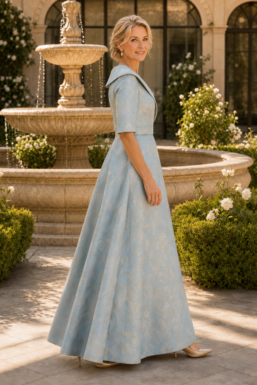 Vestido de gala línea A de brocado con cuello y mangas hasta el codo