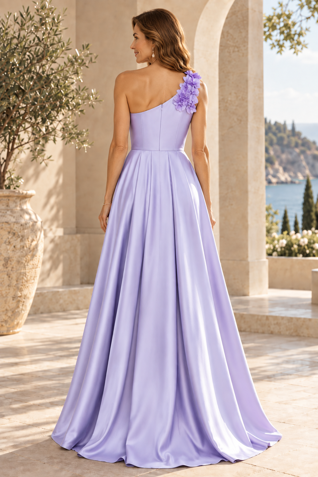 One-Shoulder Floral Appliqué Satin A-Line Gown