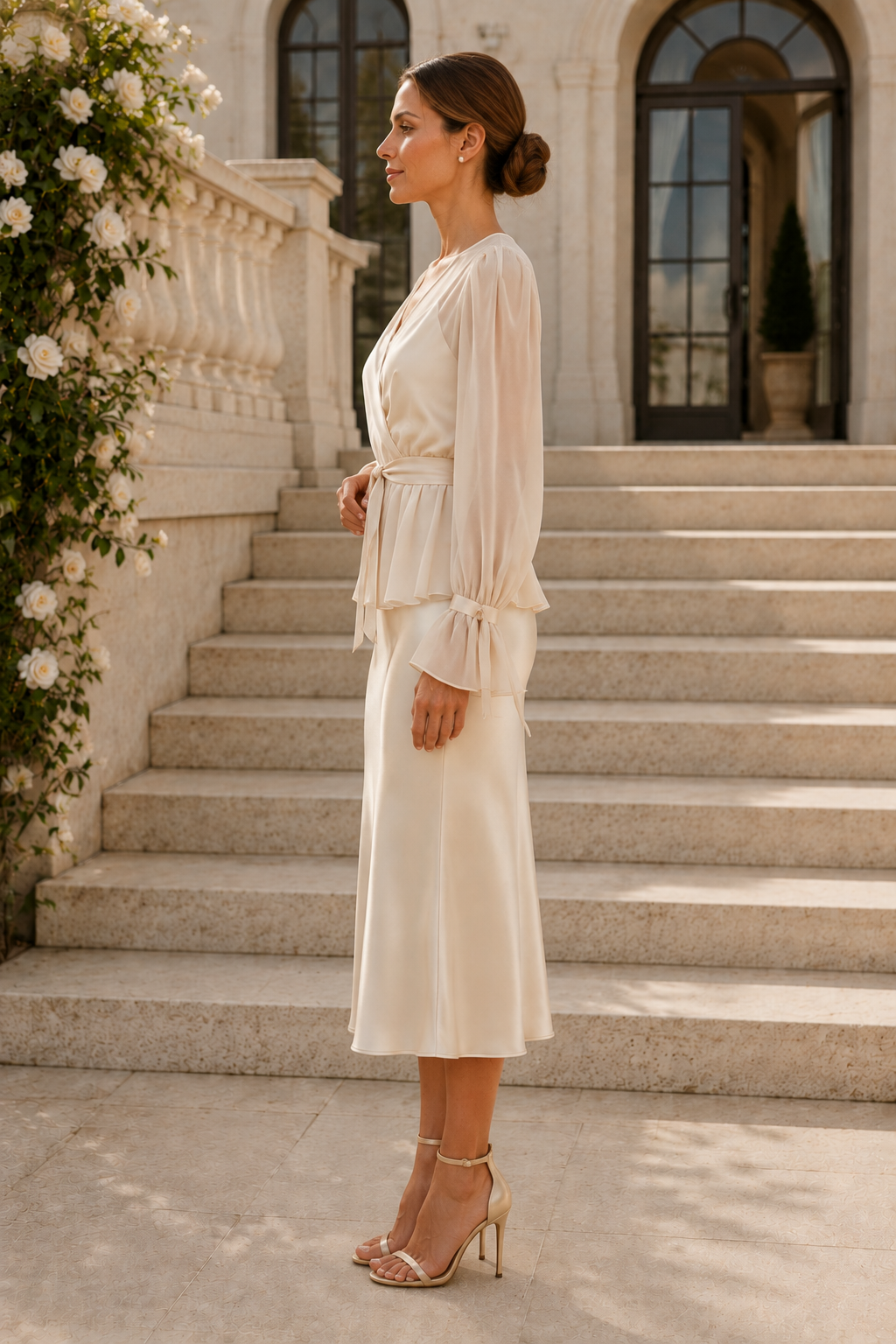Vestido midi cruzado con peplum, mangas largas y puños acampanados