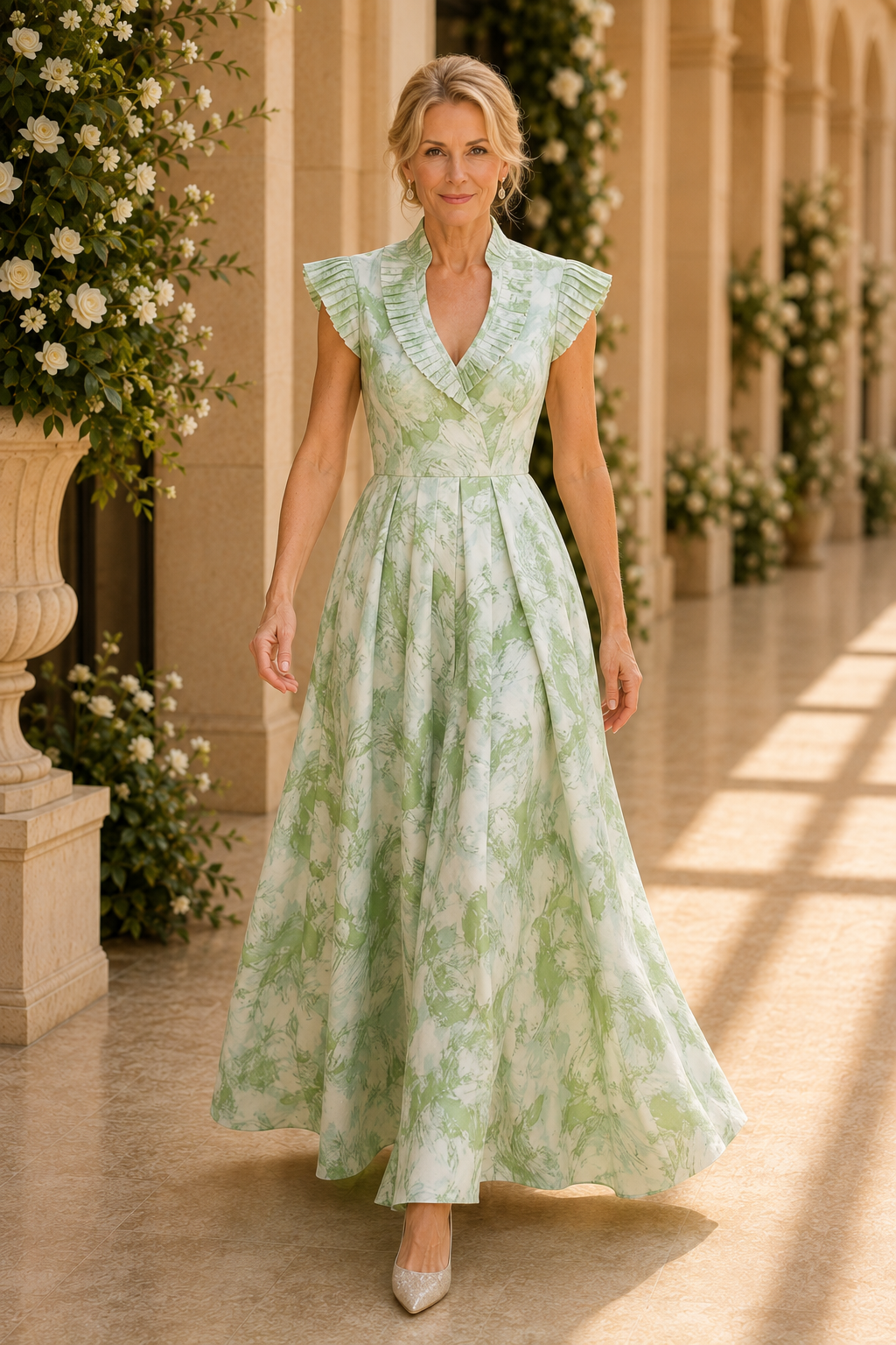 Vestido largo acampanado con cuello plisado y mangas casquillo