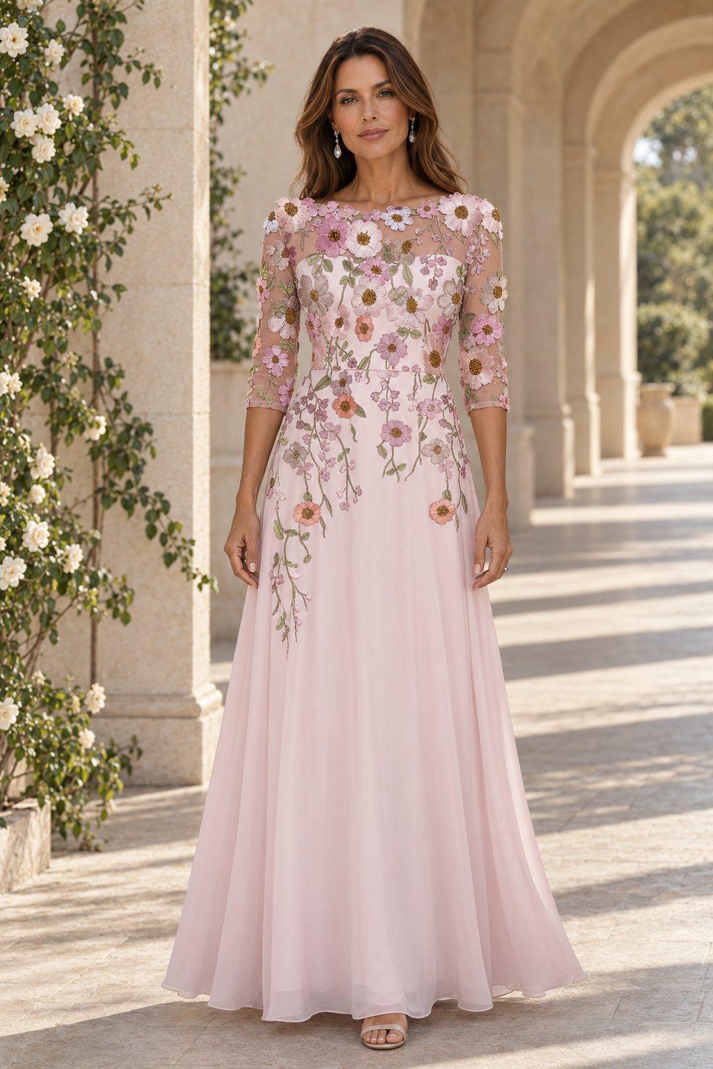 Vestido maxi de tul con apliques florales