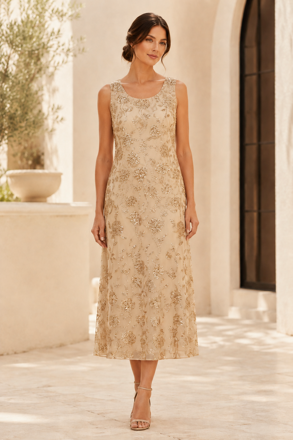 Vestido midi floral con lentejuelas y abalorios, con chaqueta