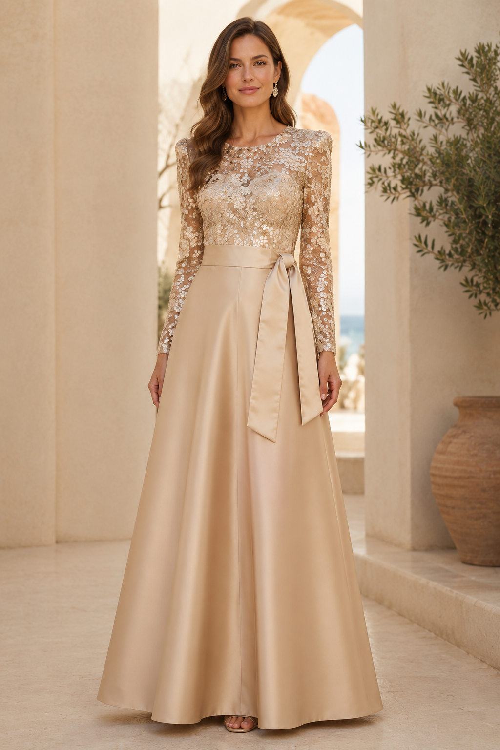 Vestido de Noche Acampanado de Encaje Floral y Manga Larga