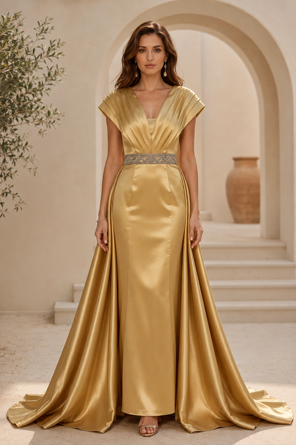 Vestido de noche de satén plisado con cinturón de cuentas