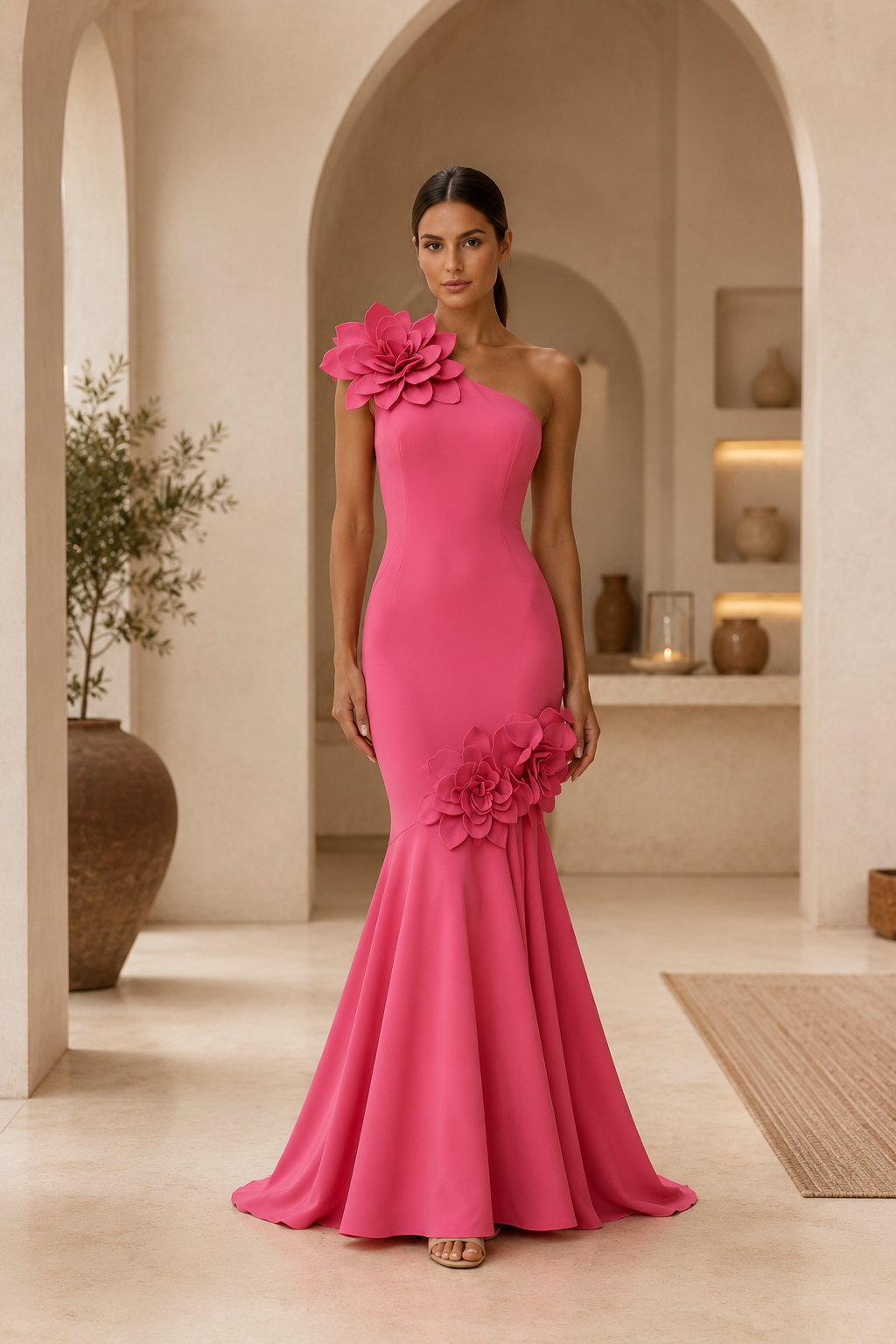 Vestido de gala sirena de un hombro con aplicaciones florales 3D