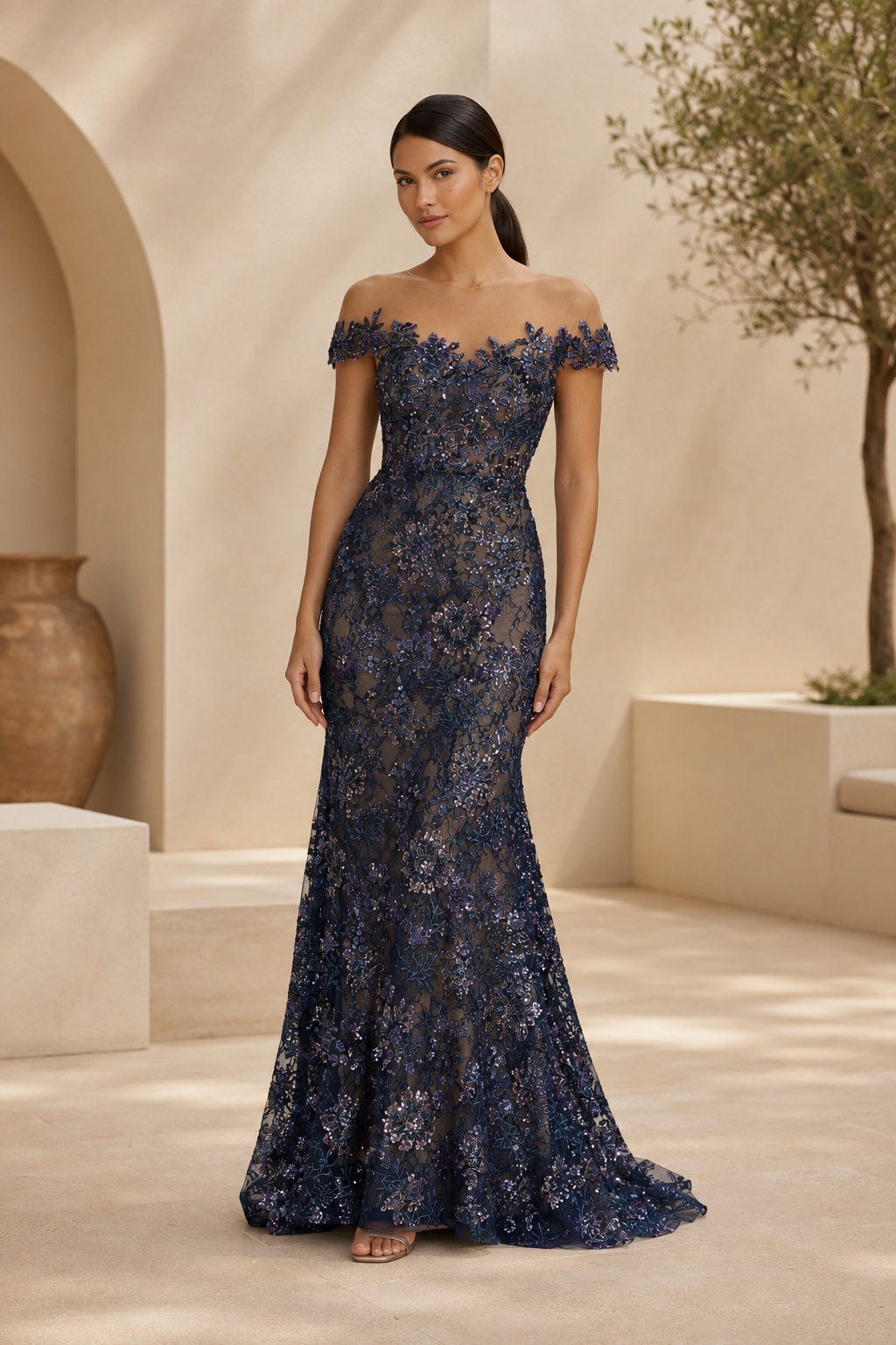 Vestido de Noche Estilo Sirena con Hombros Descubiertos y Encaje Floral
