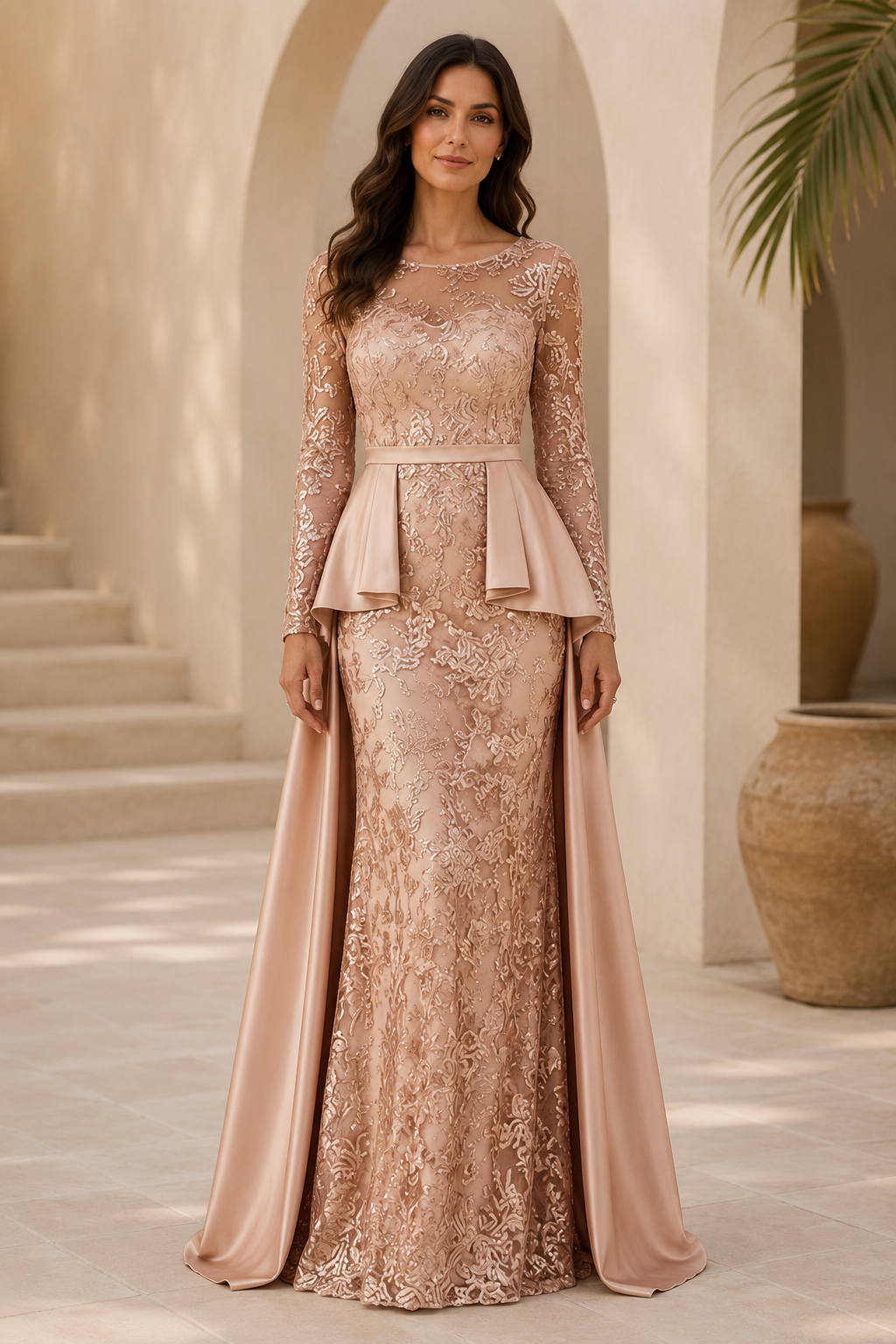 Vestido de Noche Sirena con Encaje Ilusión y Sobrefalda Larga de Satén