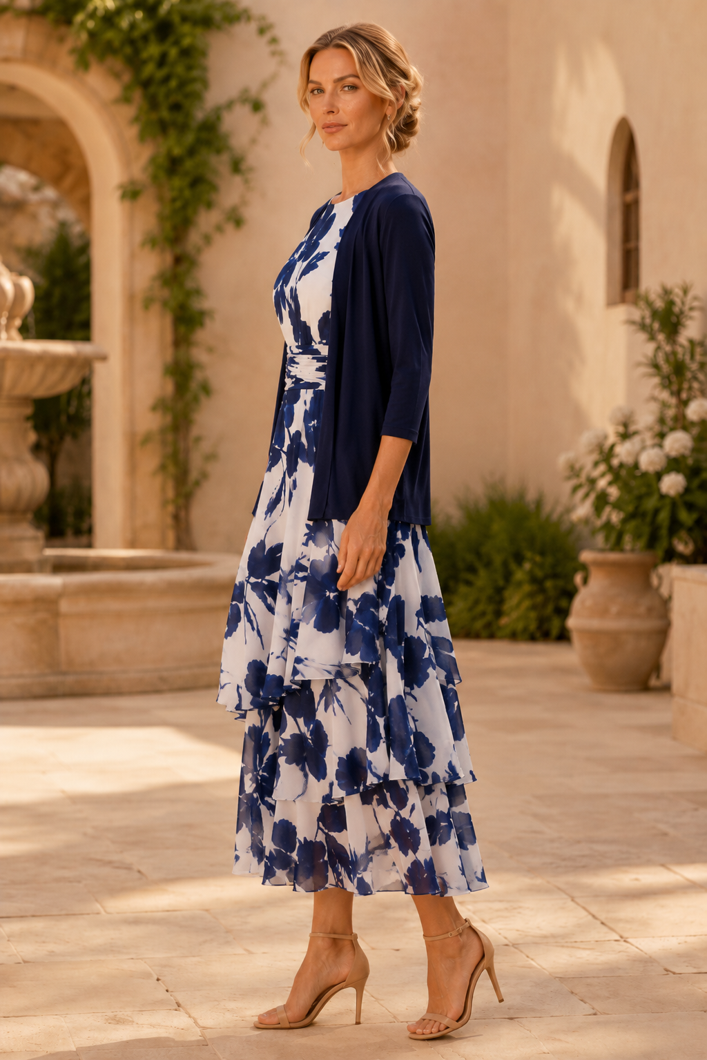 Vestido midi floral con volantes y chaqueta de manga 3/4