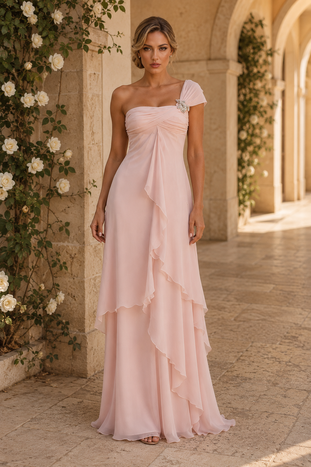 Vestido de gasa con volantes y un solo hombro