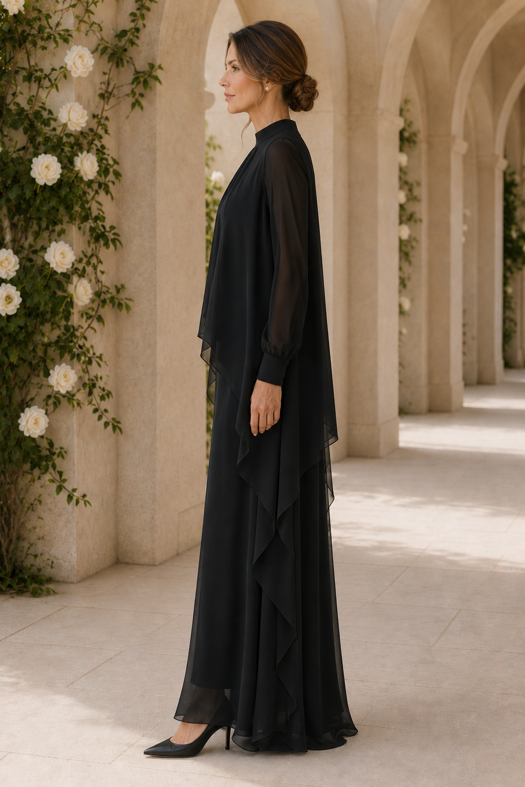 Vestido de noche maxi de chifón en capas con cuello alto