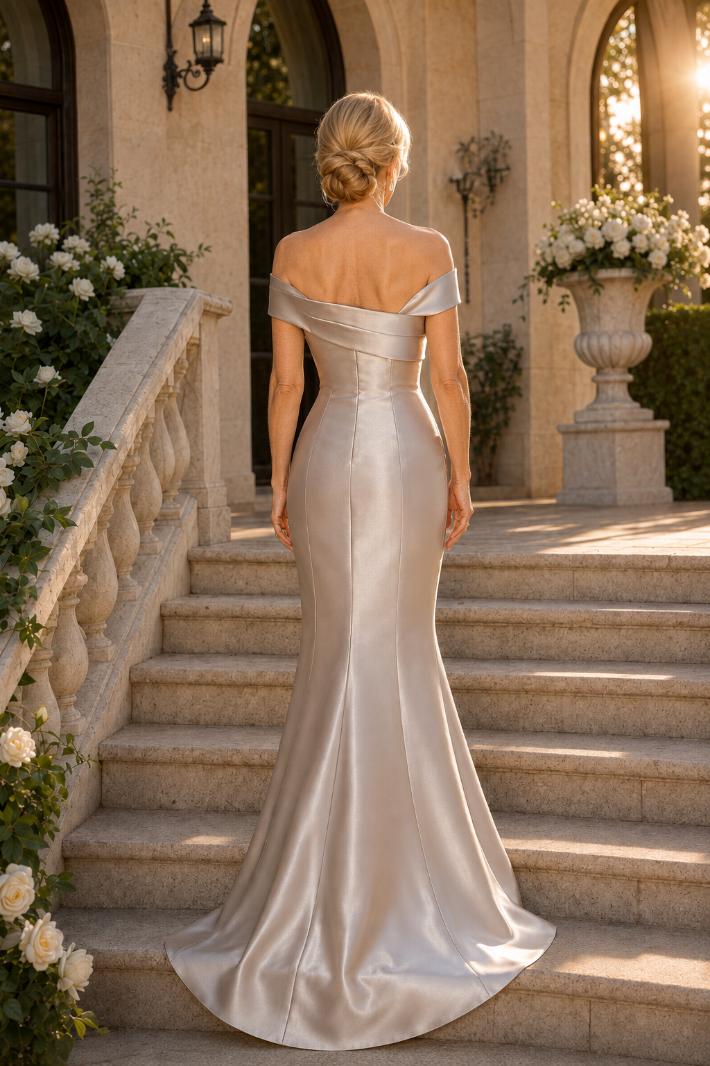 Vestido de satén corte sirena con hombros descubiertos y abertura