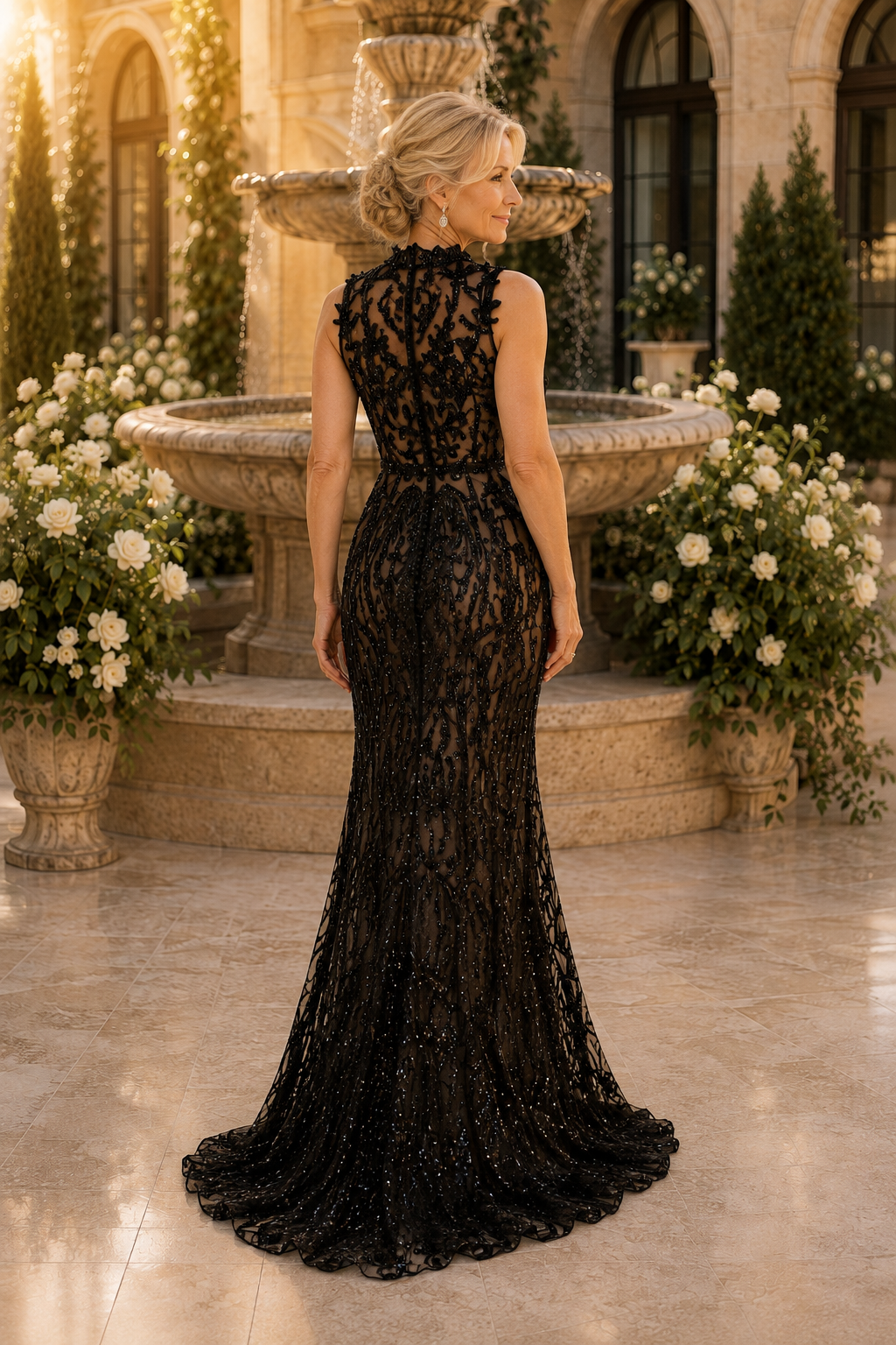 Vestido de noche sirena de encaje con lentejuelas y cuello alto