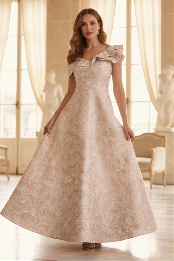 Vestido de Noche Asimétrico con Volantes de Jacquard y Corte Evasé