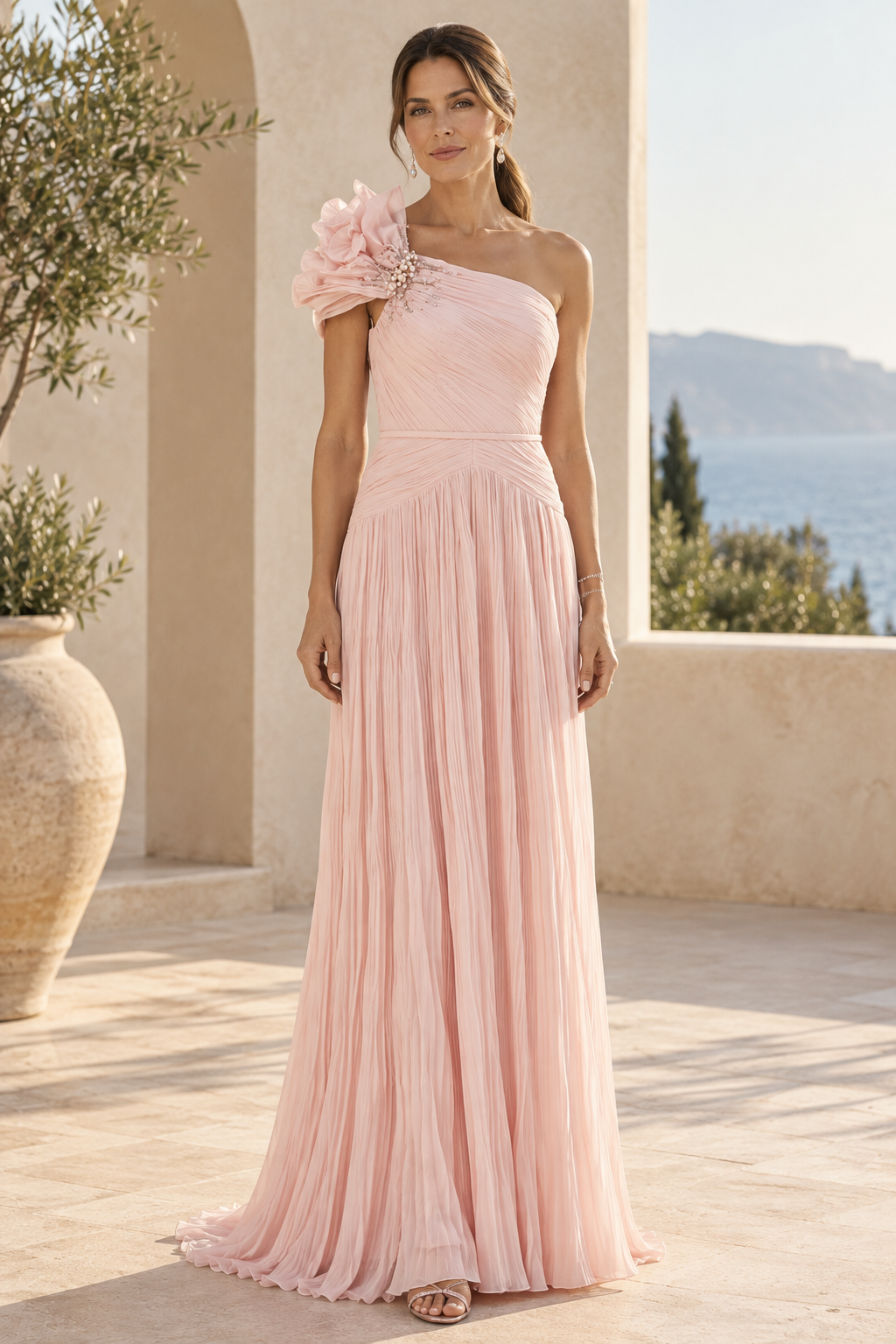 One-Shoulder Pleated Floral Applique A-Line Gown