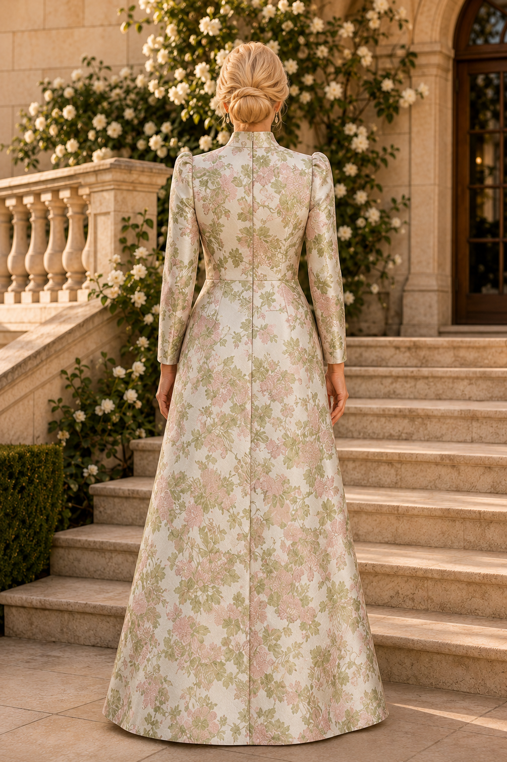 Vestido de noche de jacquard floral de cuello alto con volantes en cascada