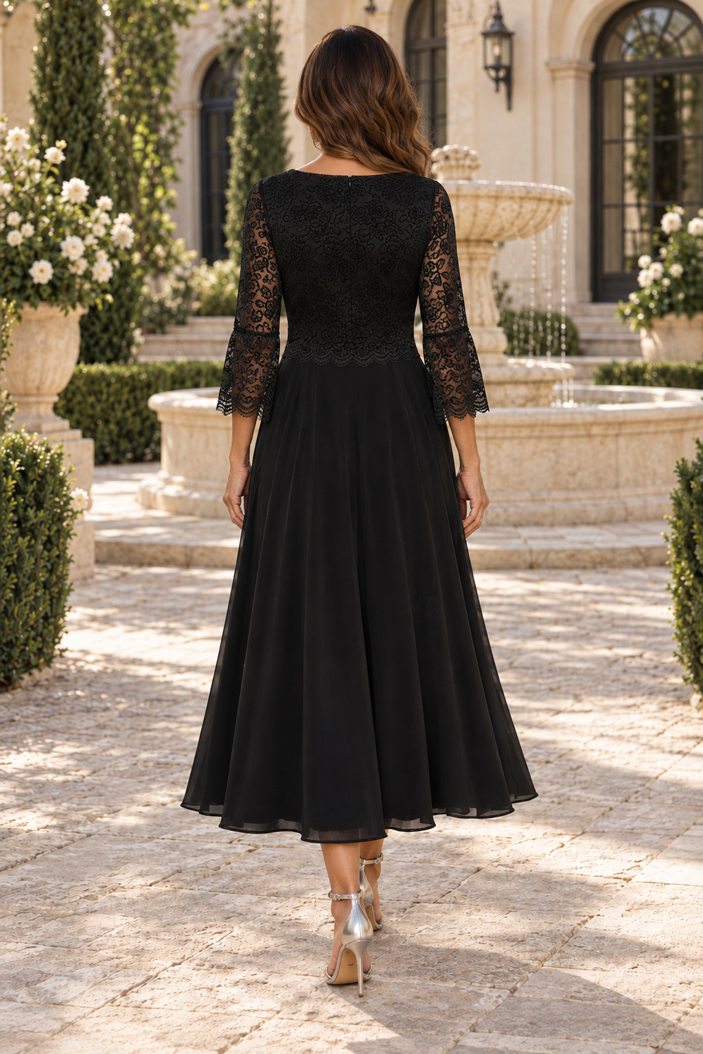 Vestido Midi Acampanado con Manga 3/4 y Corpiño de Encaje