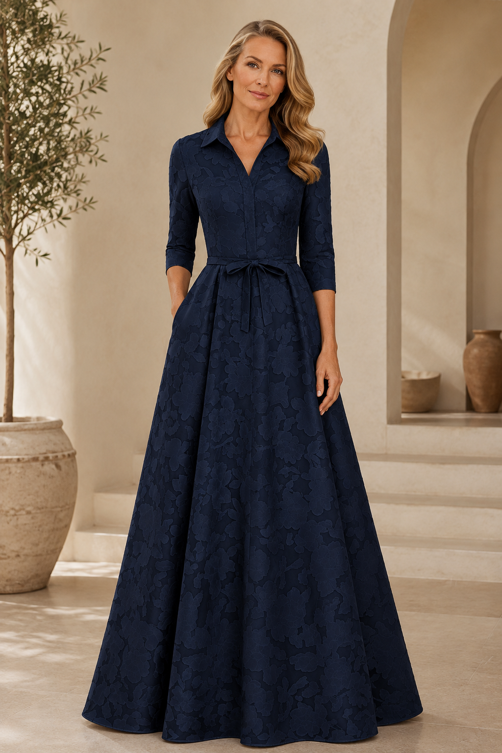 Vestido largo acampanado con cuello, escote en V, manga francesa y cinturón