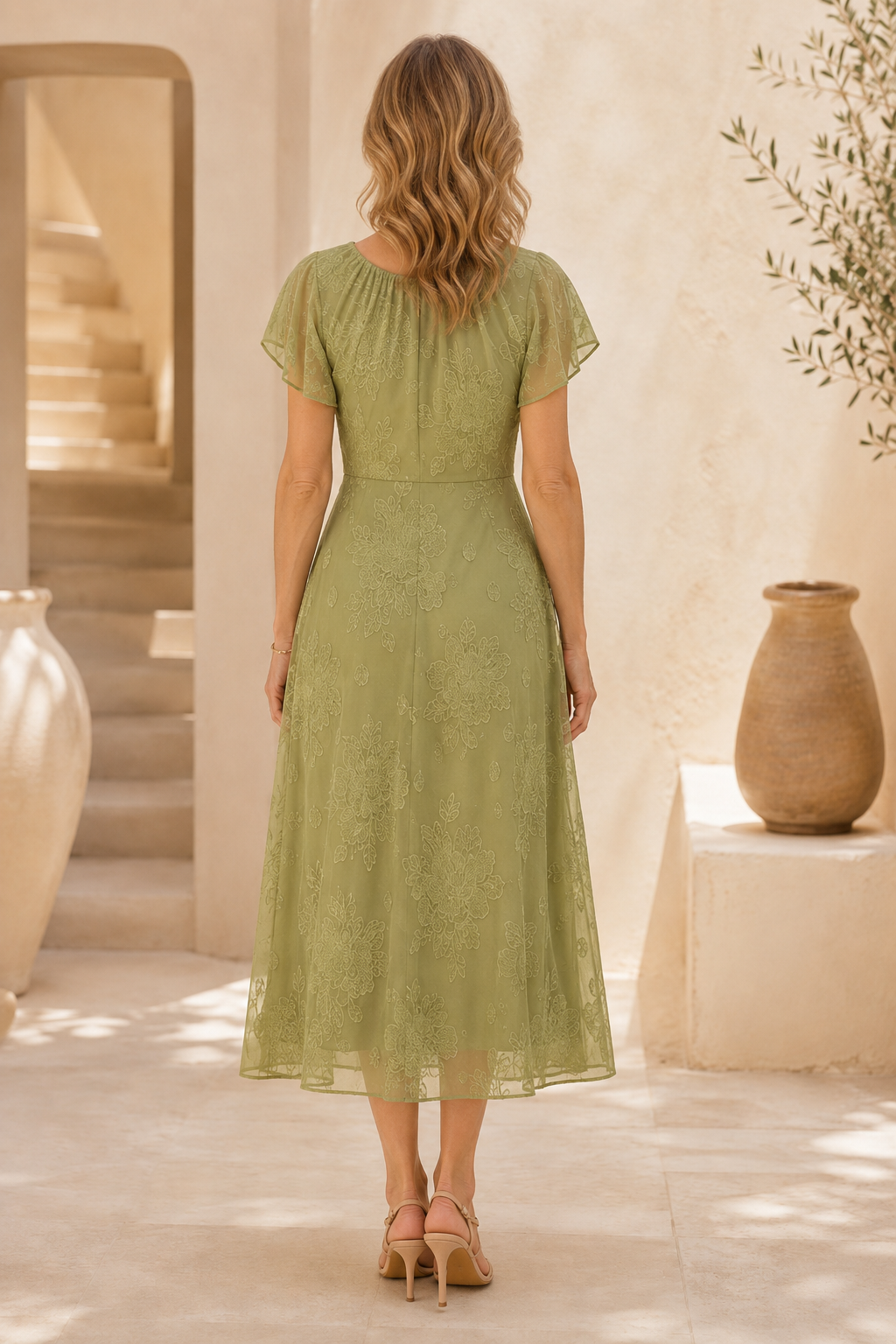 Vestido Midi Acampanado con Bordados y Mangas Mariposa
