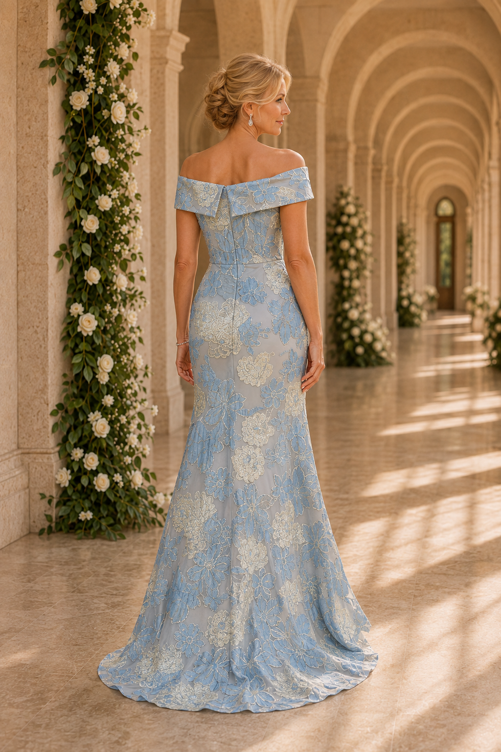 Vestido de noche asimétrico con estampado floral y escote Bardot