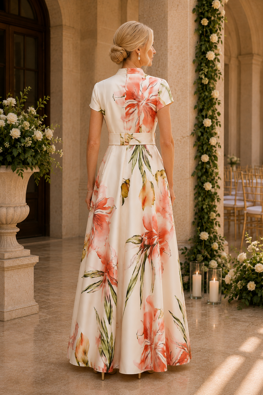 Vestido maxi acampanado con cinturón y estampado floral con mangas