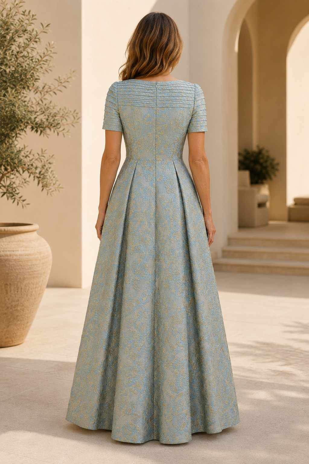 Vestido de Noche Acampanado de Jacquard con Pliegues y Escote Barco