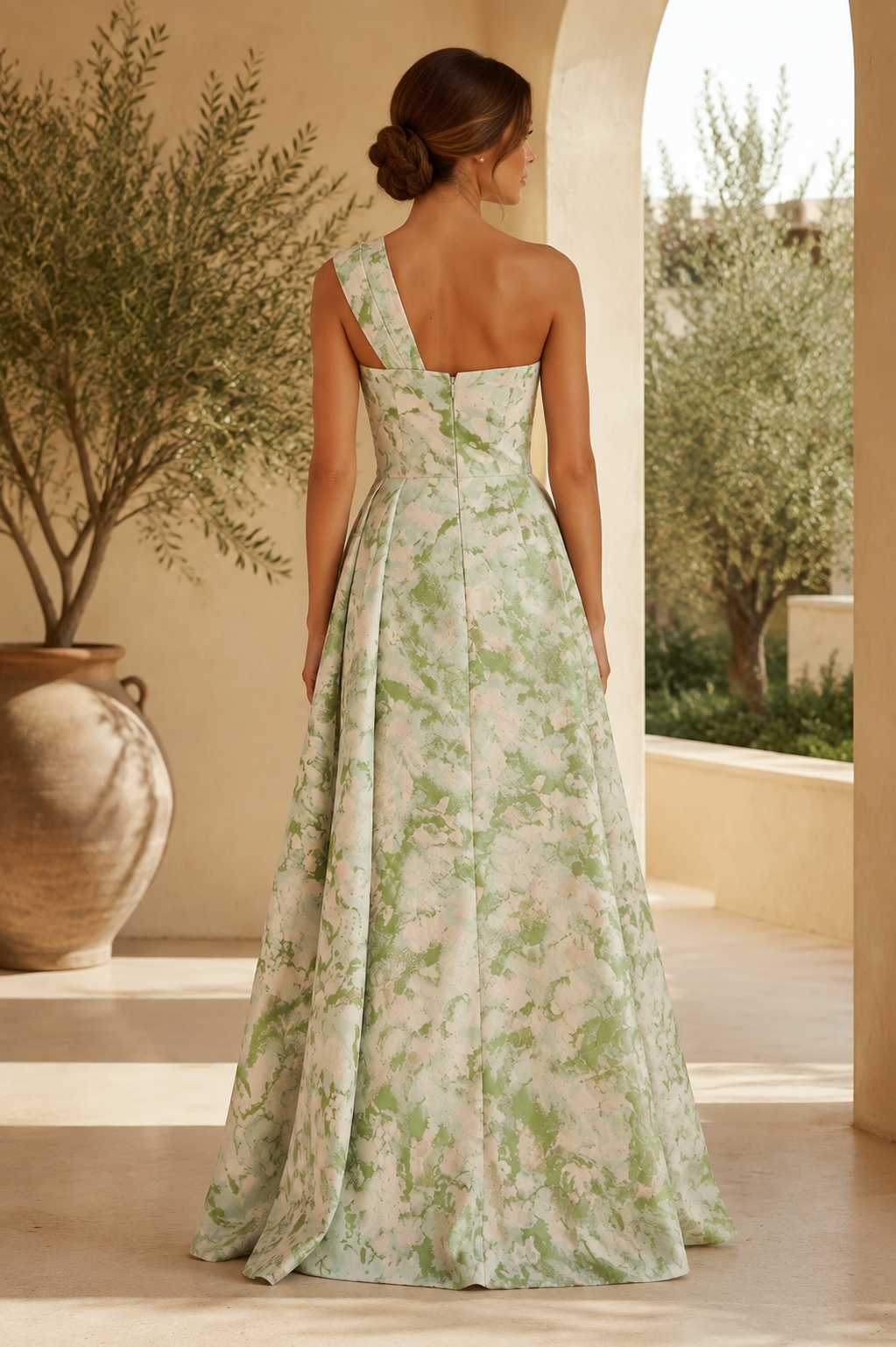 Vestido de Noche A-Line con Estampado Floral y un Hombro al Descubierto