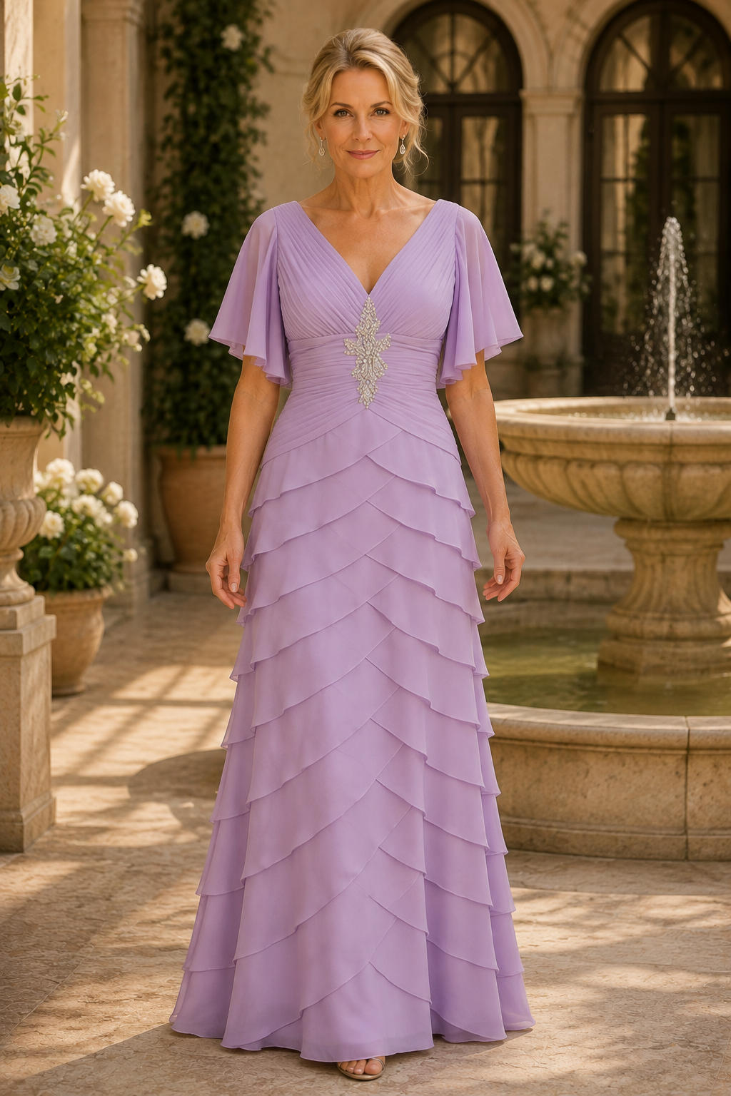 Vestido de gasa con volantes en capas y mangas mariposa
