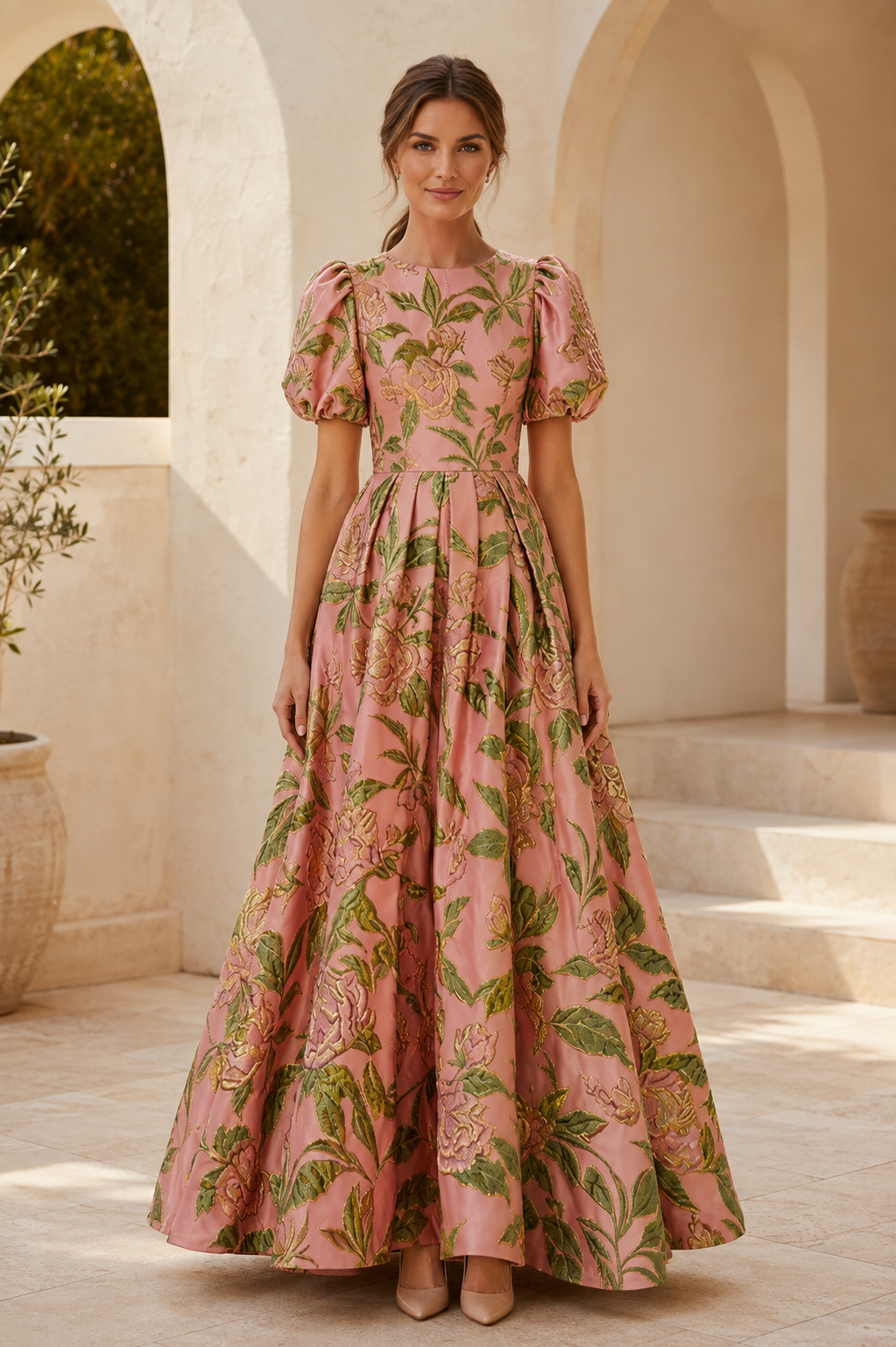 Vestido de Noche Acampanado de Jacquard Floral con Mangas Abullonadas