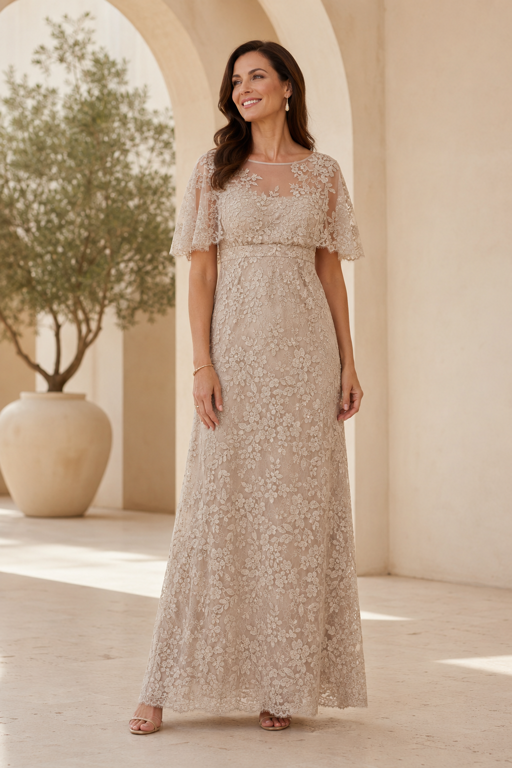 Vestido de Noche con Mangas de Volante de Encaje y Talle Imperio