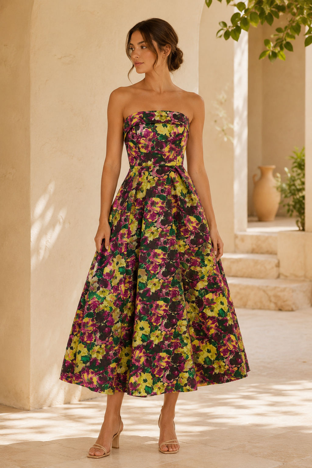 Vestido acampanado sin tirantes de jacquard floral hasta el tobillo