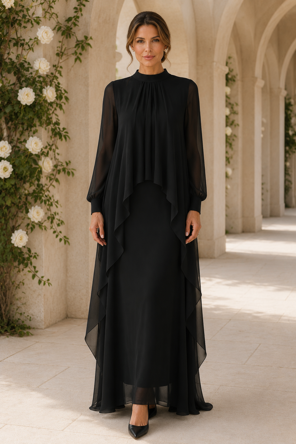 Vestido de noche maxi de chifón en capas con cuello alto
