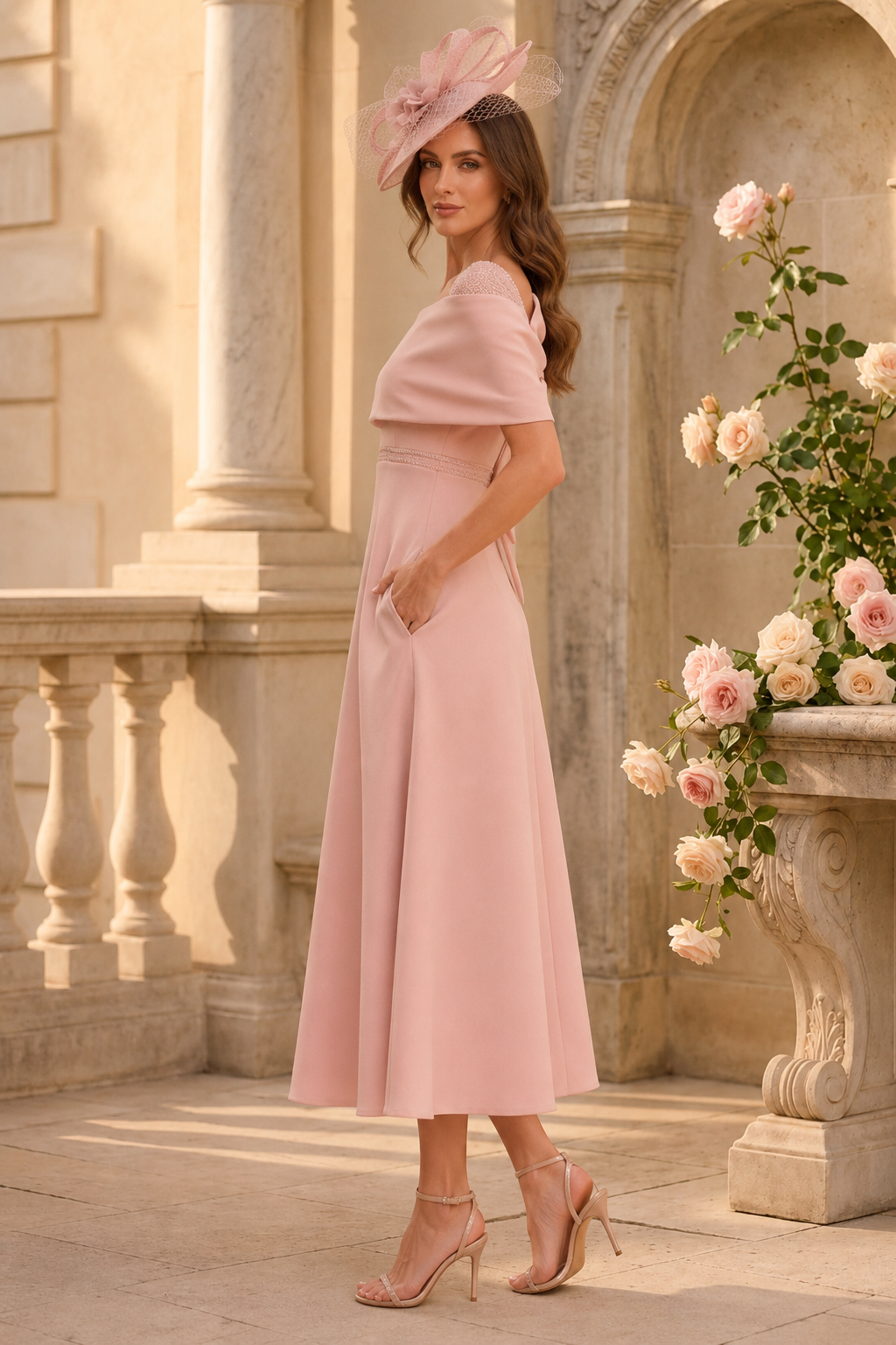 Vestido Midi con Escote Bardot y Detalle de Lazo en la Espalda