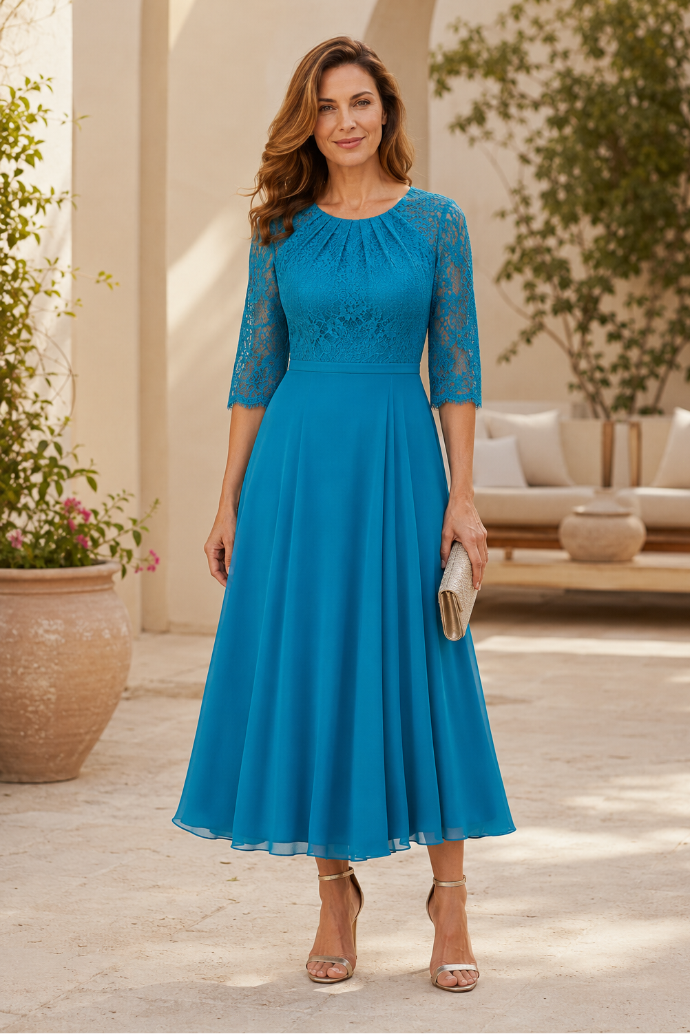 Vestido Midi de Encaje y Gasa Corte A