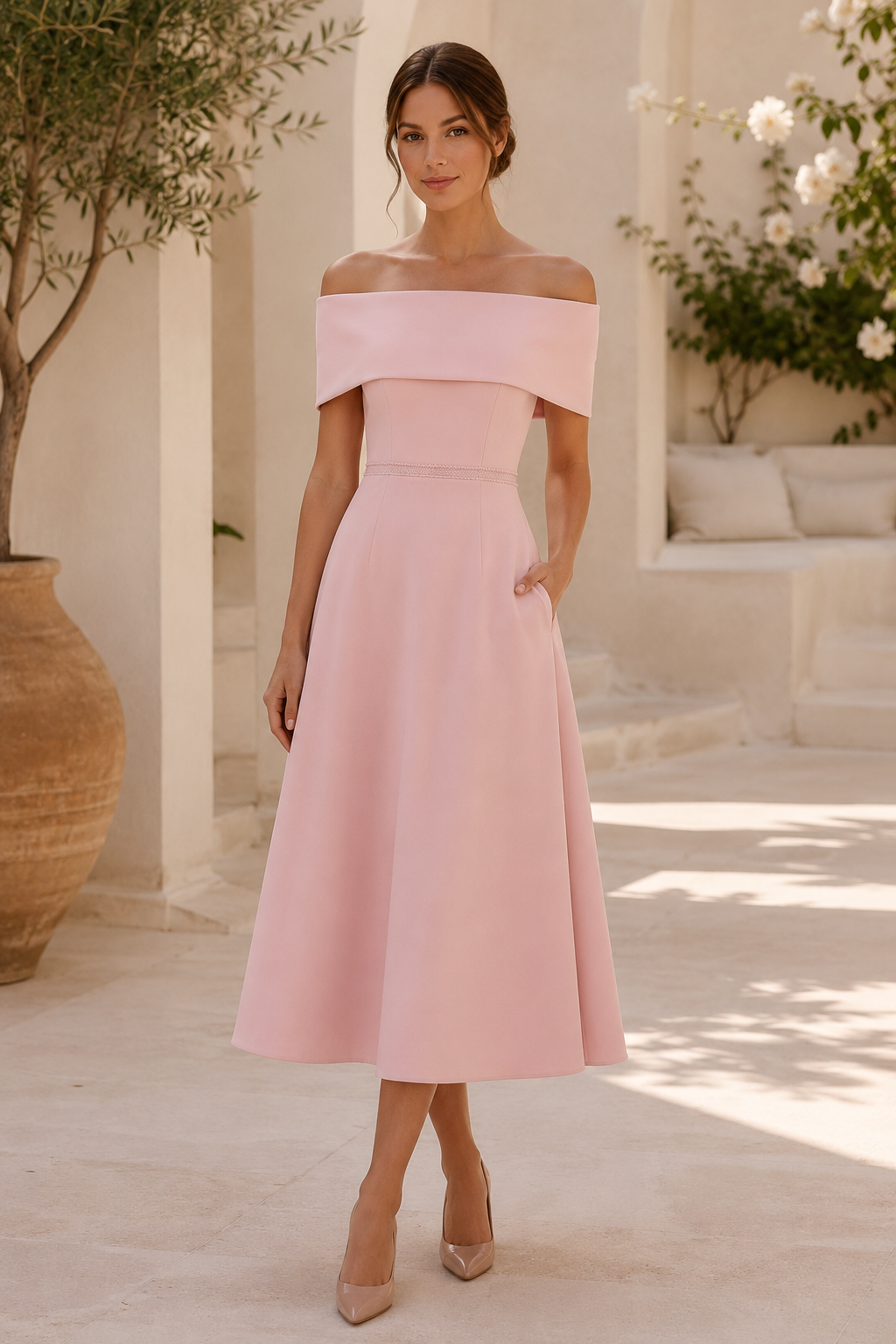 Vestido Midi sin Hombros con Lazo en la Espalda y Bolsillos
