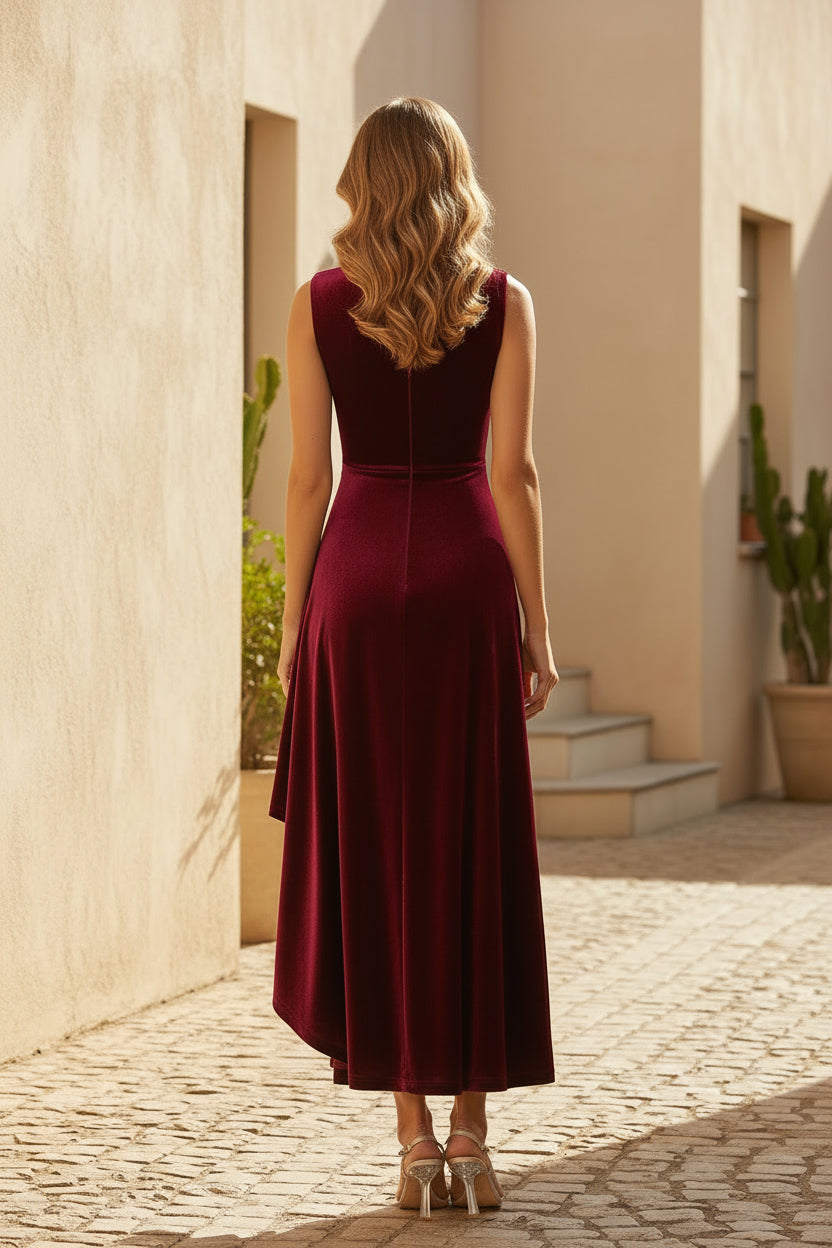 Vestido de terciopelo con escote en V, fruncido y abertura alta