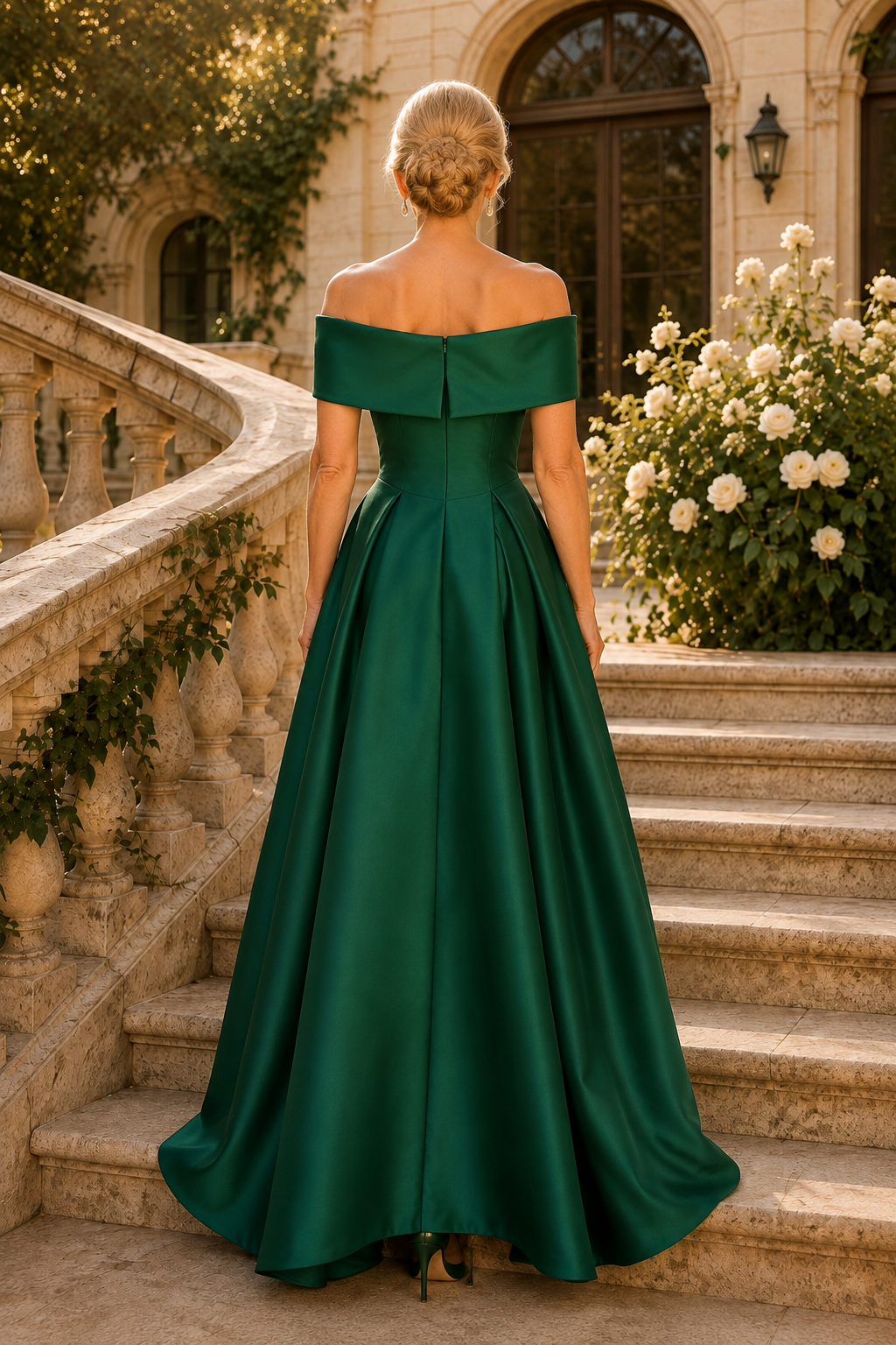 Vestido de Noche Acampanado de Satén Plisado con Hombros Descubiertos