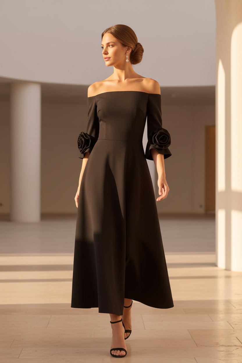 Vestido Midi con Hombros Descubiertos y Mangas con Puño de Rosa