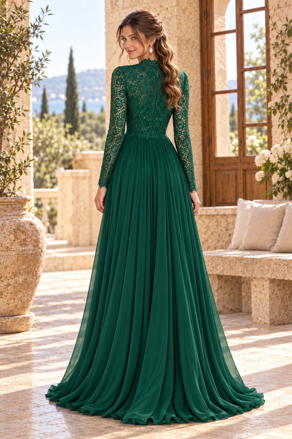 Lace Mock Neck Long Sleeve Pleated A-Line Gown