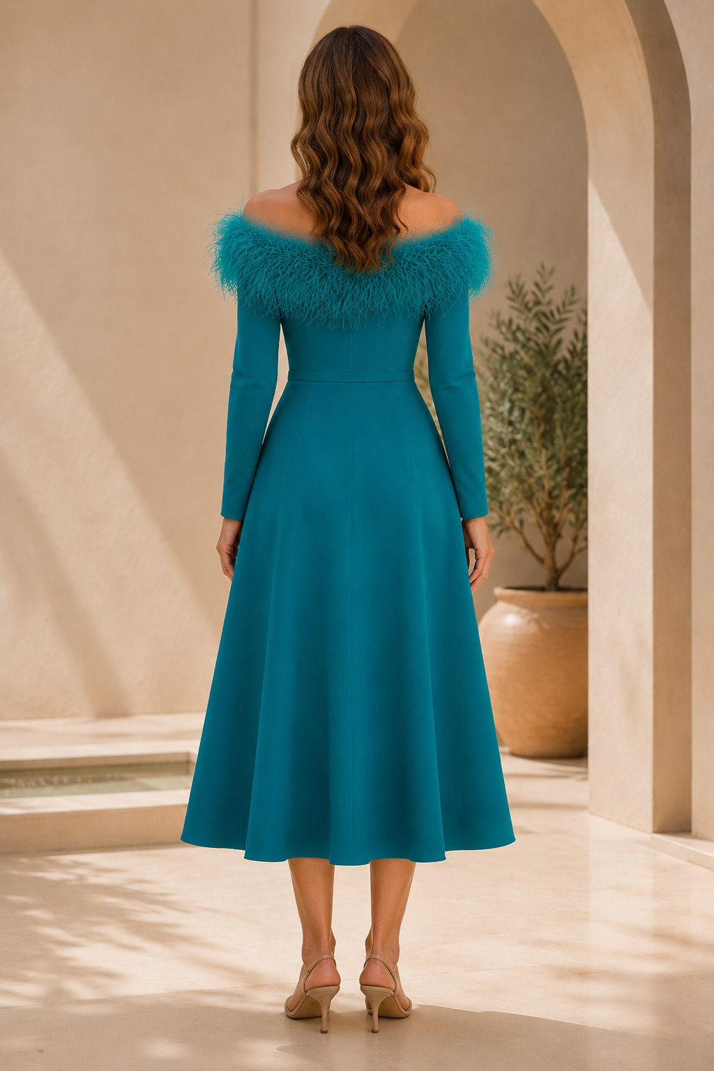 Vestido midi de manga larga con hombros descubiertos Feather