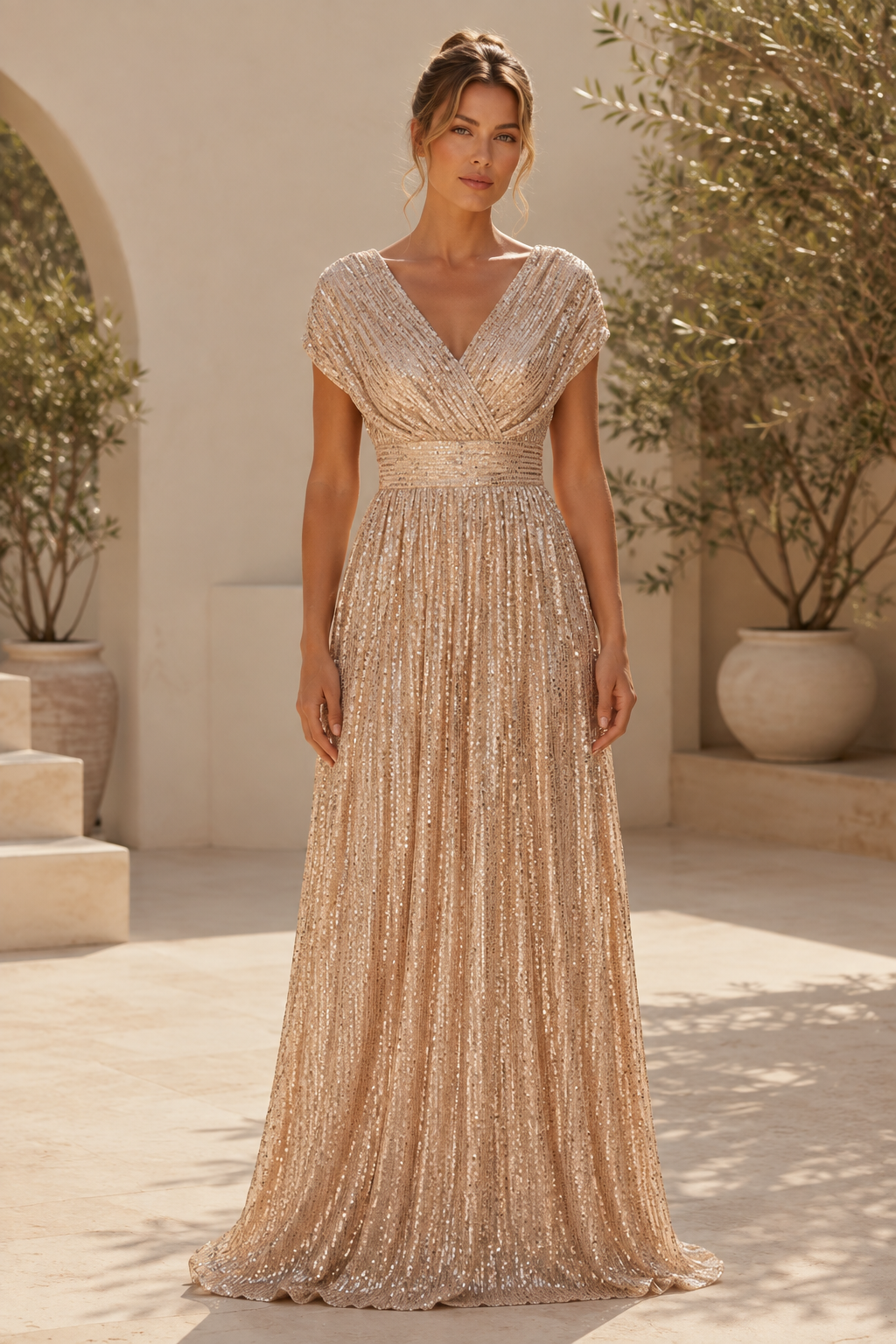 Vestido largo acampanado con lentejuelas y cuello de pico con mangas casquillo