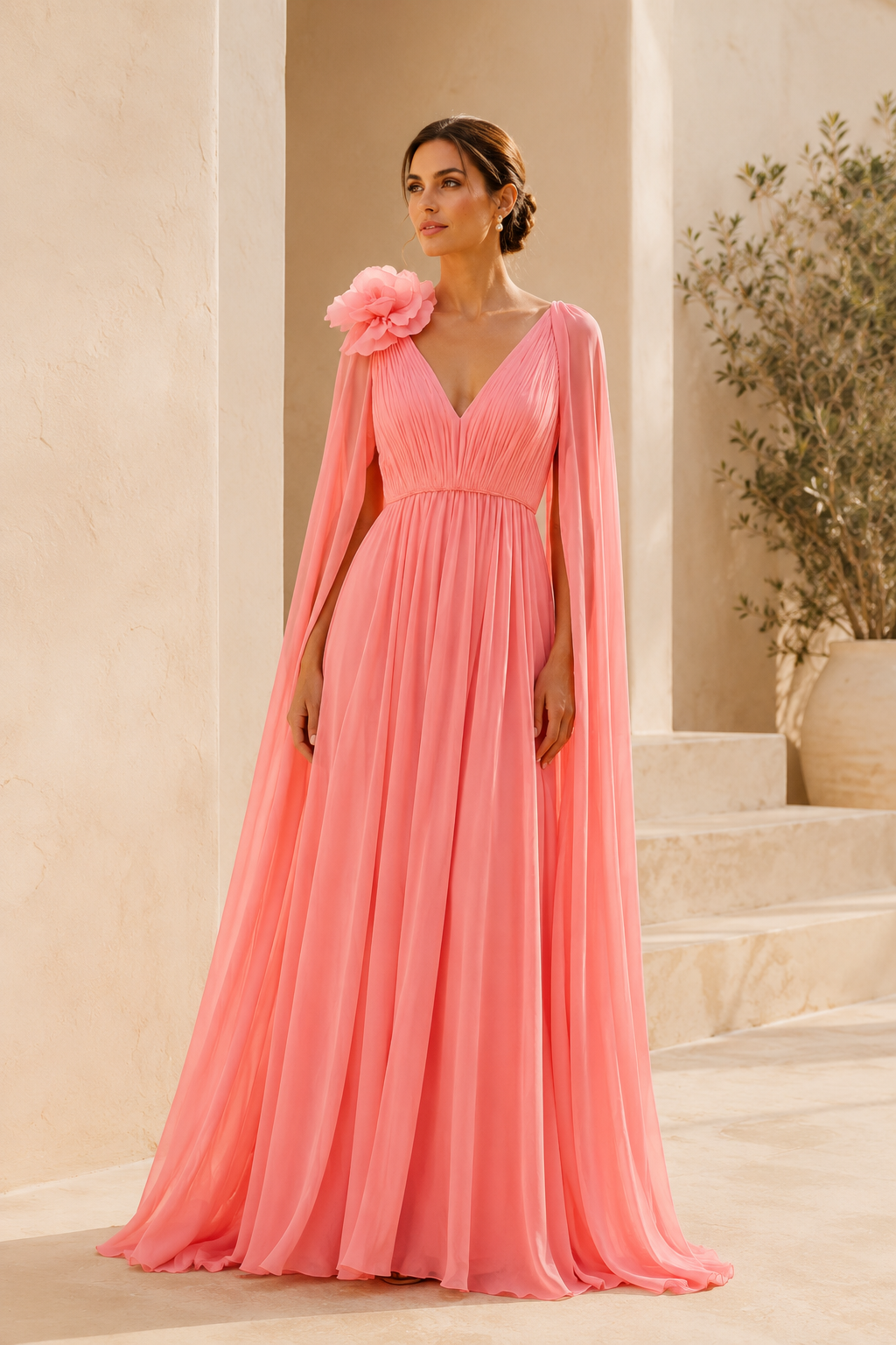 Vestido de gasa con mangas de capa y detalles de flores 3D