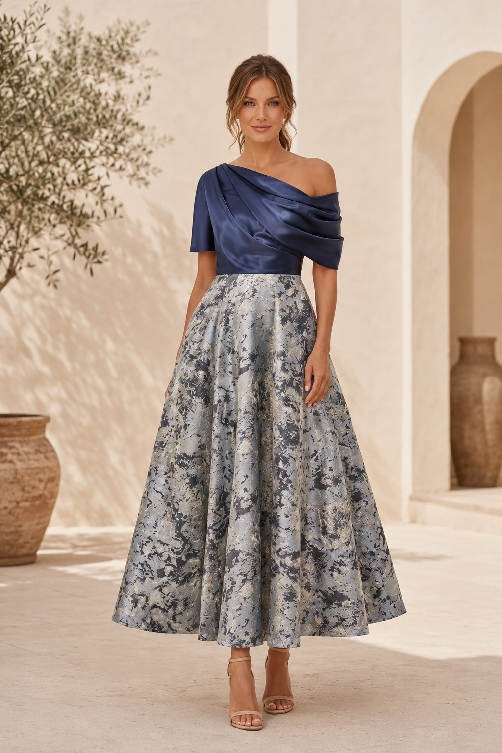 Vestido con top de satén de un hombro y falda de jacquard metalizado