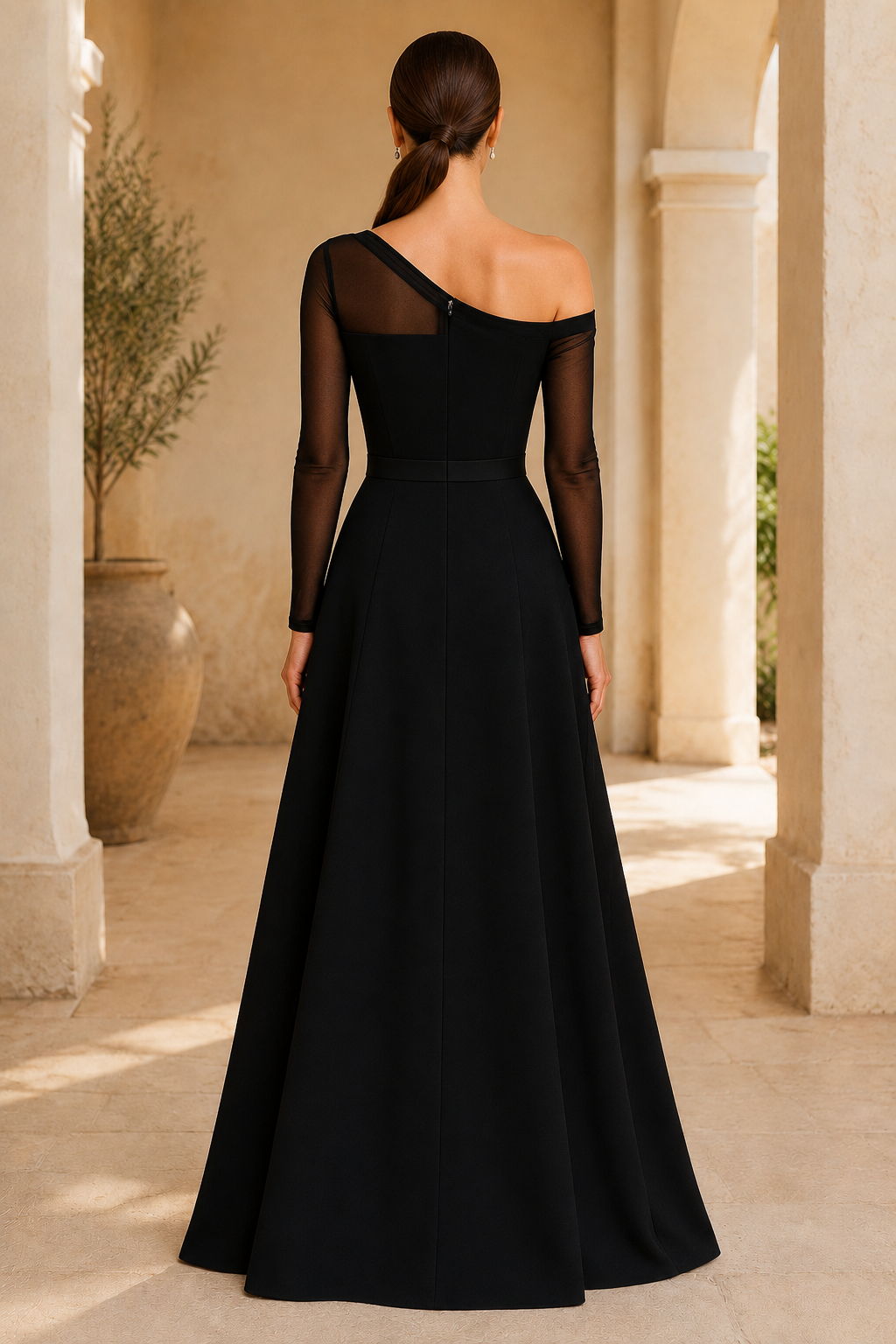 Vestido largo de corte A con ilusión de un solo hombro y manga larga