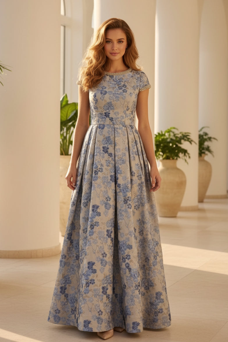 Vestido de gala de jacquard floral con ribete de perlas