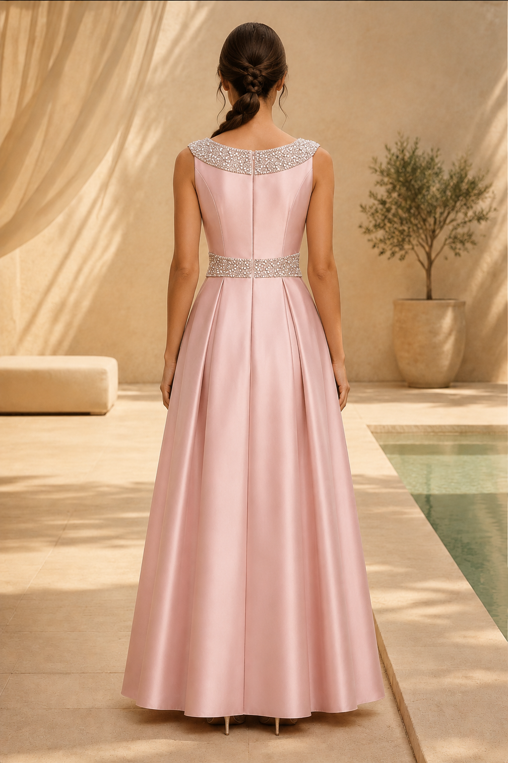 Vestido de satén acampanado con cuello tipo barco y pedrería
