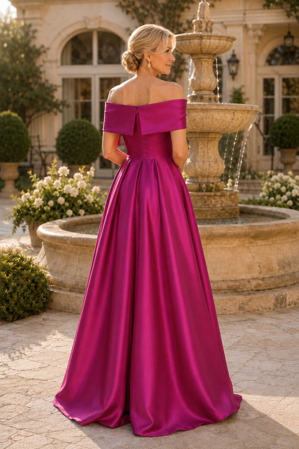 Vestido de satén plisado con hombros descubiertos y corte en A